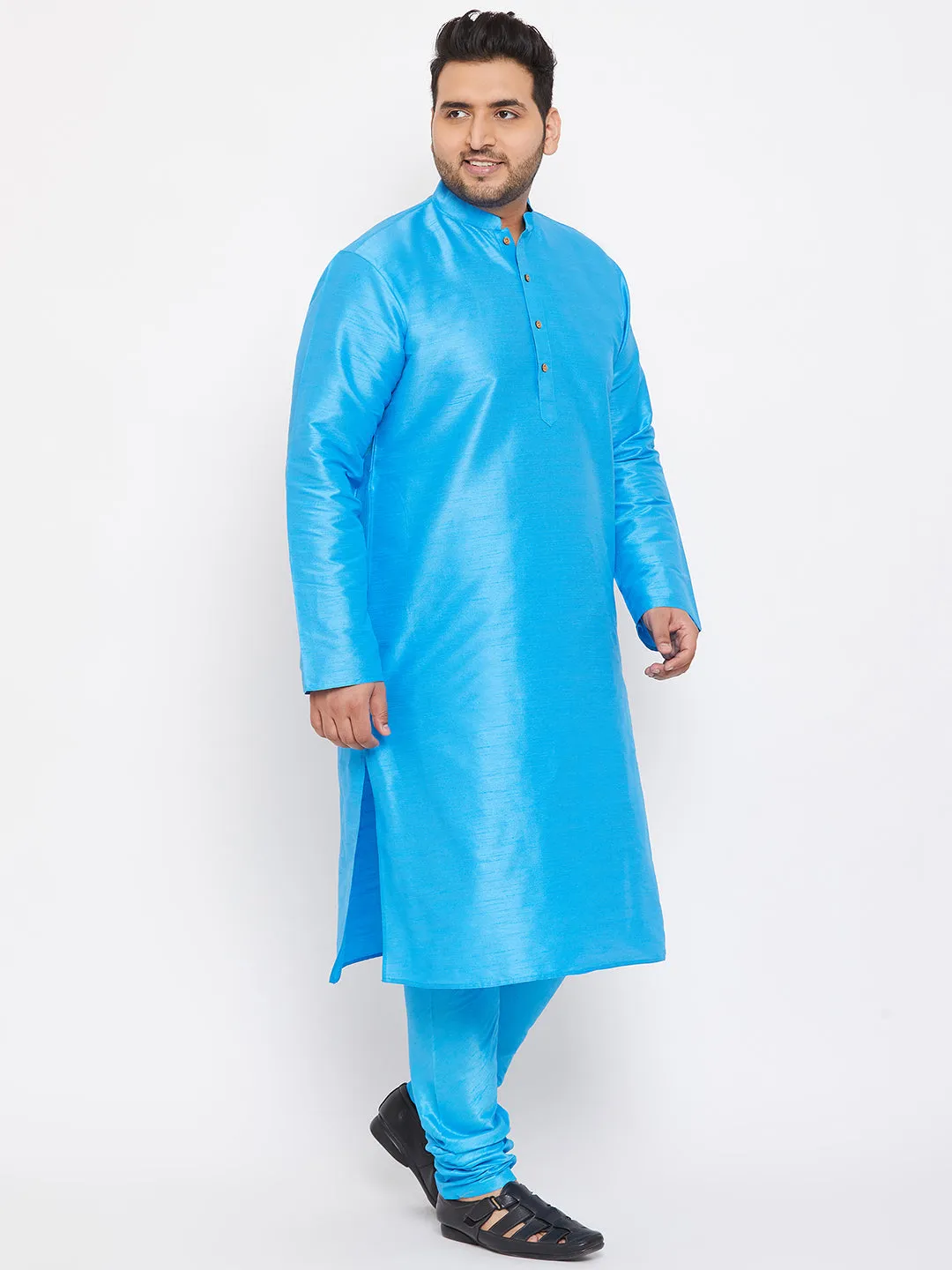 Men's Plus Aqua Blue Silk Blend Kurta Pyjama Set - Vastramay