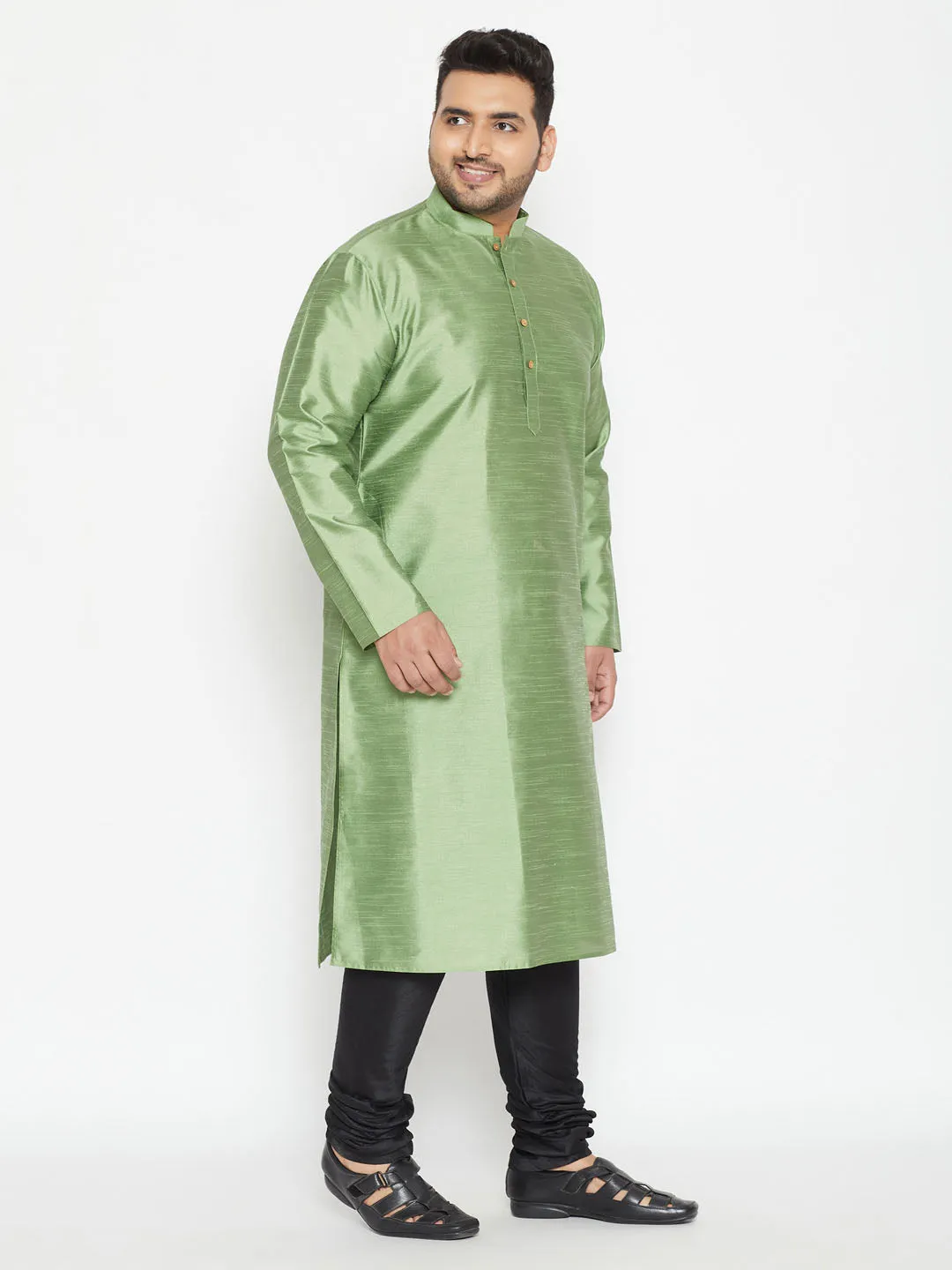 Men's Plus Mint Green And Black Silk Blend Kurta Pyjama Set - Vastramay