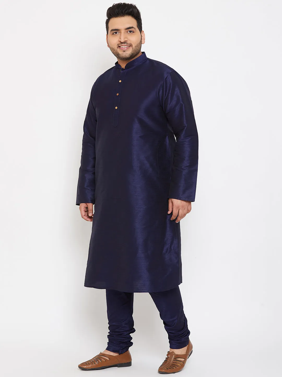 Men's Plus Navy Blue Silk Blend Kurta Pyjama Set - Vastramay