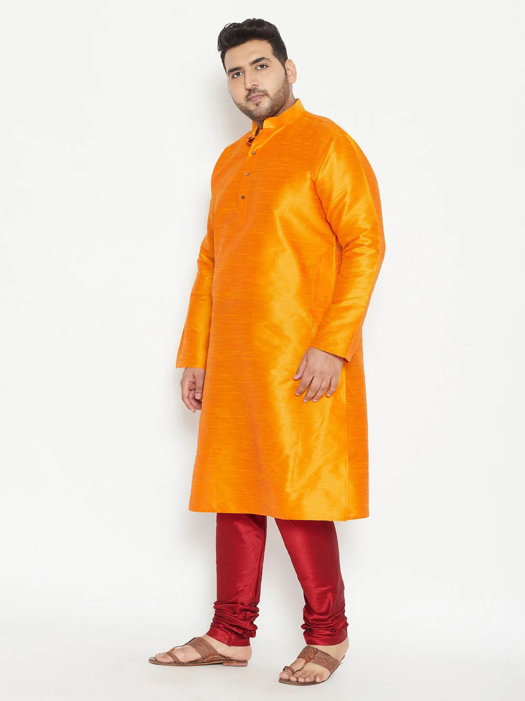 Men's Plus Orange And Maroon Silk Blend Kurta Pyjama Set - Vastramay