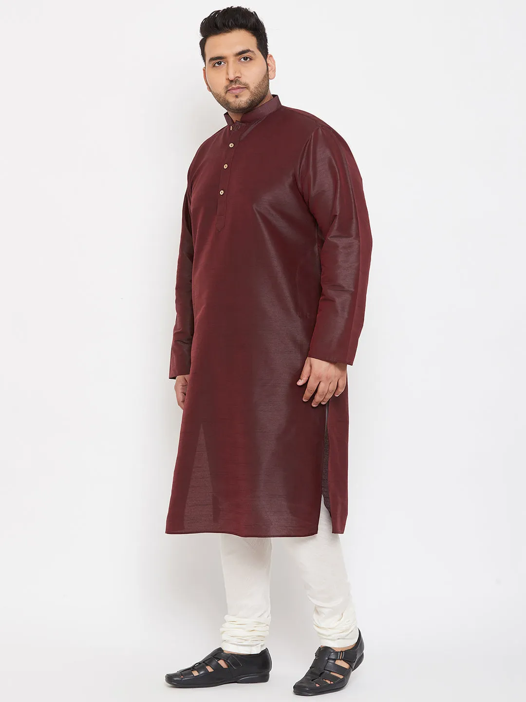 Men's Plus Wine And Cream Silk Blend Kurta Pyjama Set - Vastramay