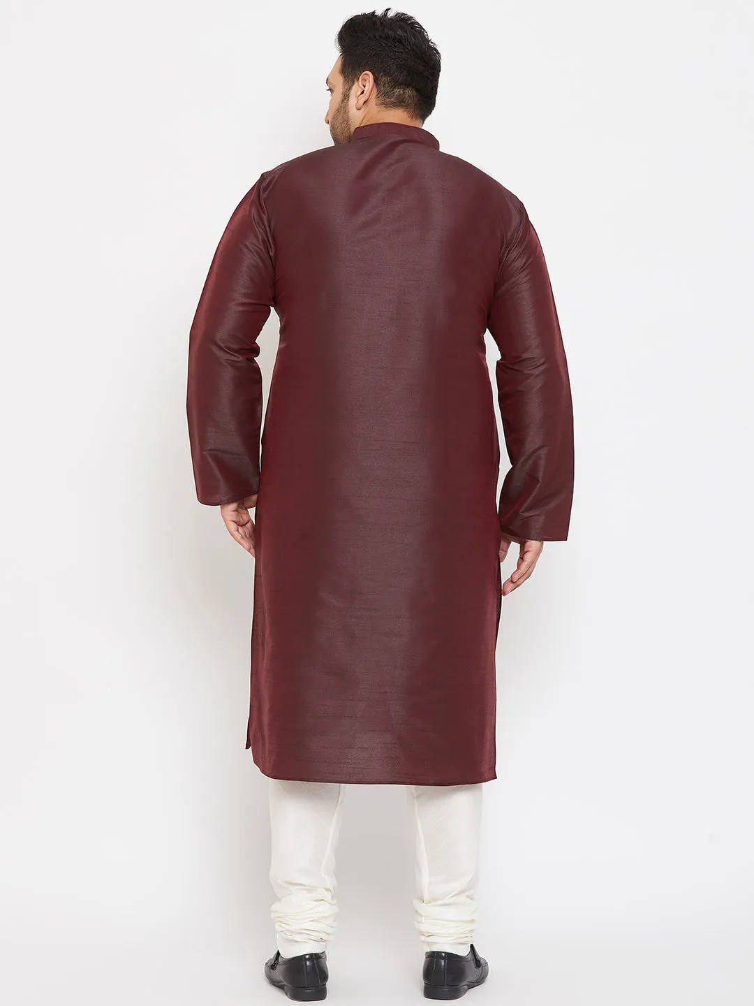 Men's Plus Wine And Cream Silk Blend Kurta Pyjama Set - Vastramay