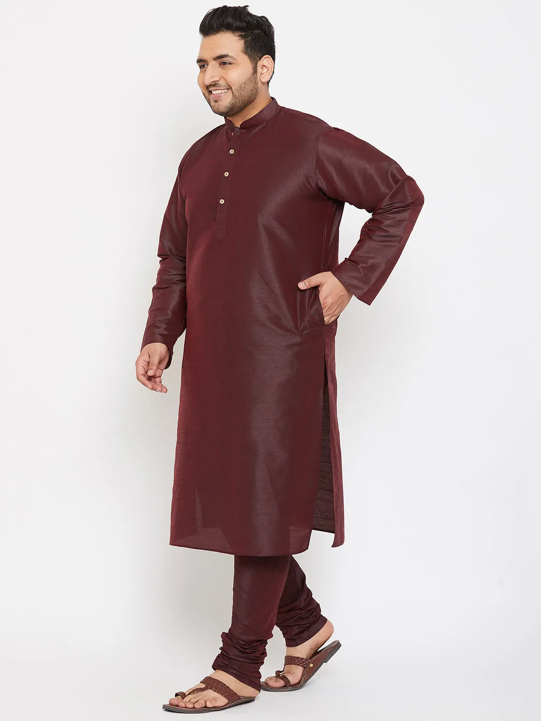 Men's Plus Wine Silk Blend Kurta Pyjama Set - Vastramay