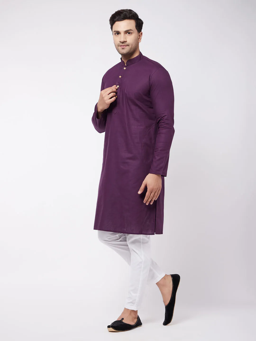 Men's Purple And White Cotton Linen Kurta Pyjama Set - Vastramay