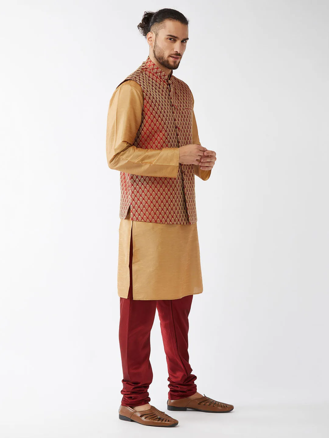 Men's Rose Gold And Maroon Silk Blend Jacket, Kurta And Pyjama Set - Vastramay