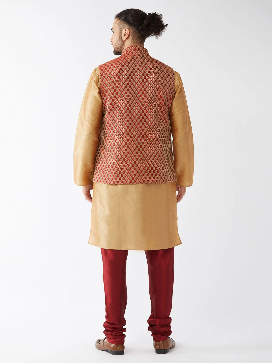 Men's Rose Gold And Maroon Silk Blend Jacket, Kurta And Pyjama Set - Vastramay