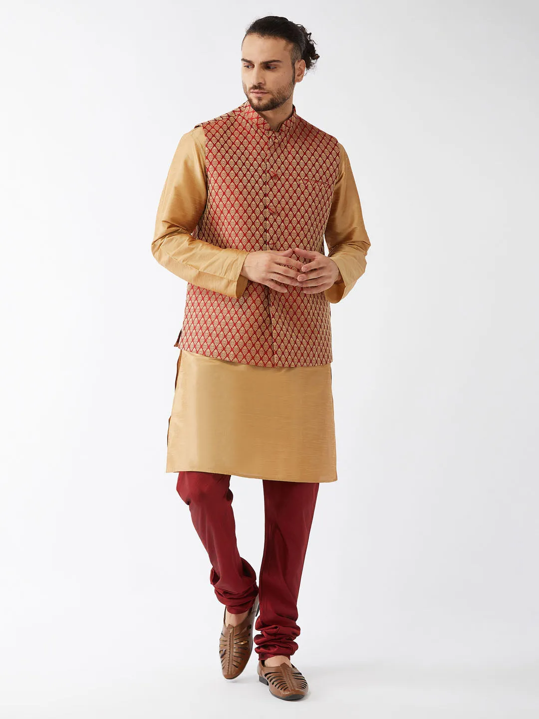 Men's Rose Gold And Maroon Silk Blend Jacket, Kurta And Pyjama Set - Vastramay