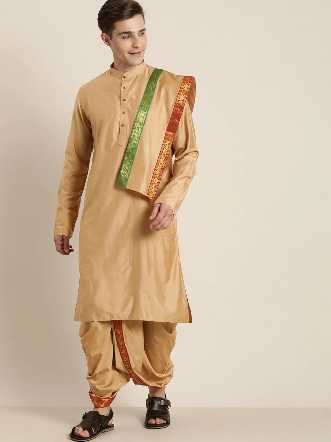 Men's Rose Gold Cotton Blend Kurta Dhoti And Dupatta - Vastramay