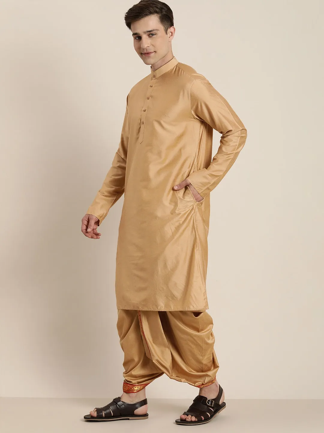 Men's Rose Gold Cotton Blend Kurta Dhoti And Dupatta - Vastramay