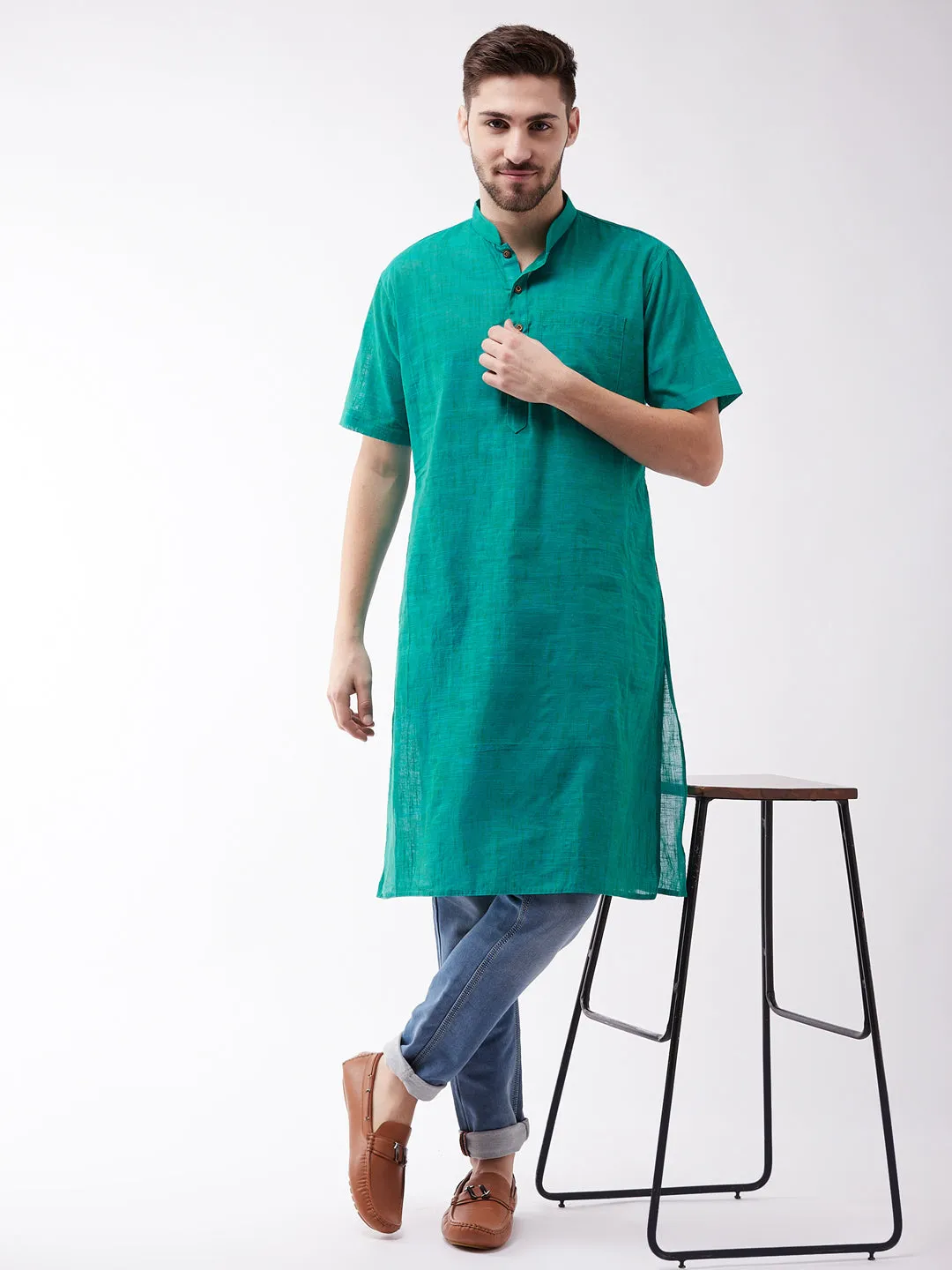 Men's Solid Turquoise Pure Cotton Kurta - Vastramay