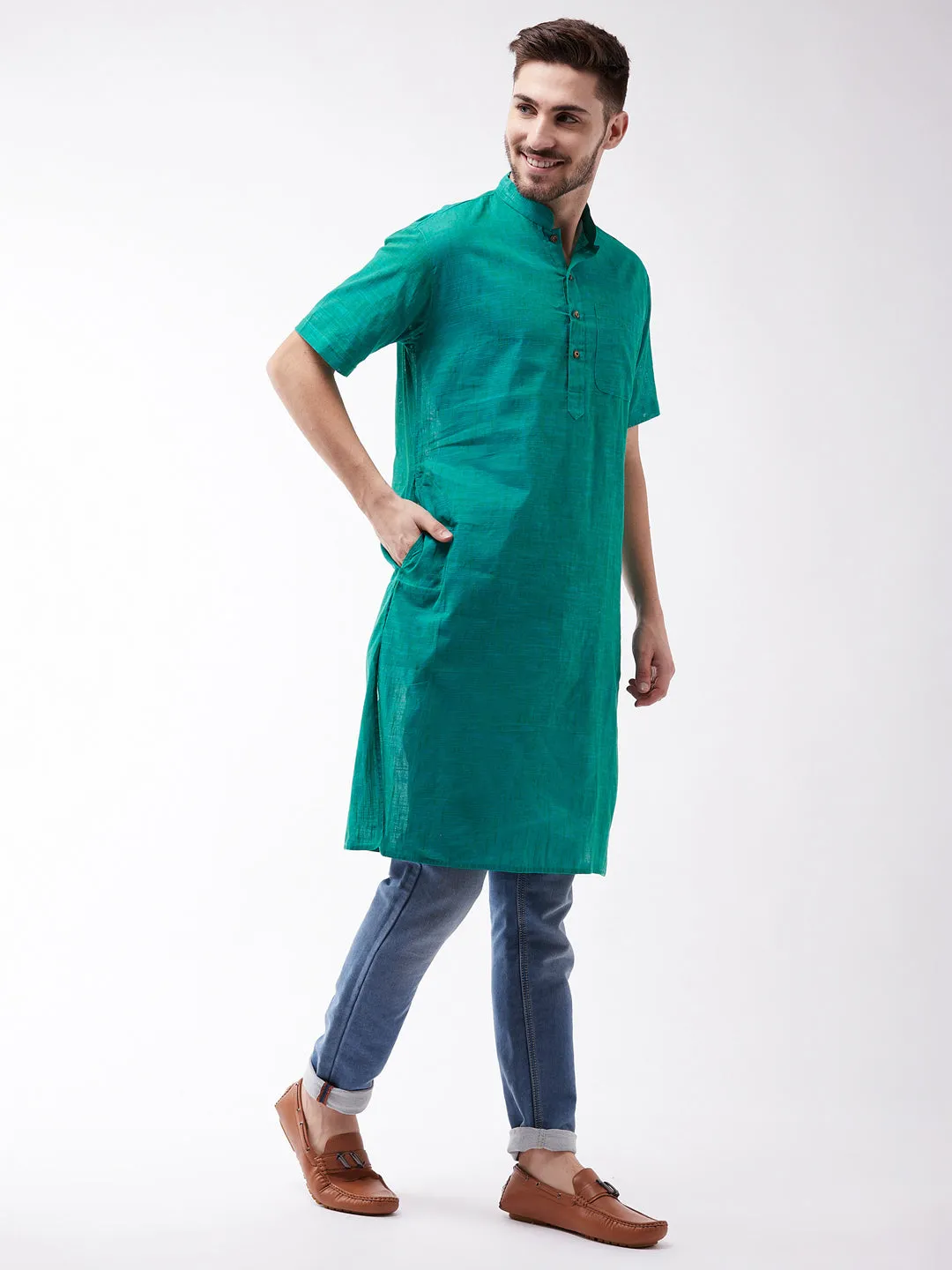 Men's Solid Turquoise Pure Cotton Kurta - Vastramay