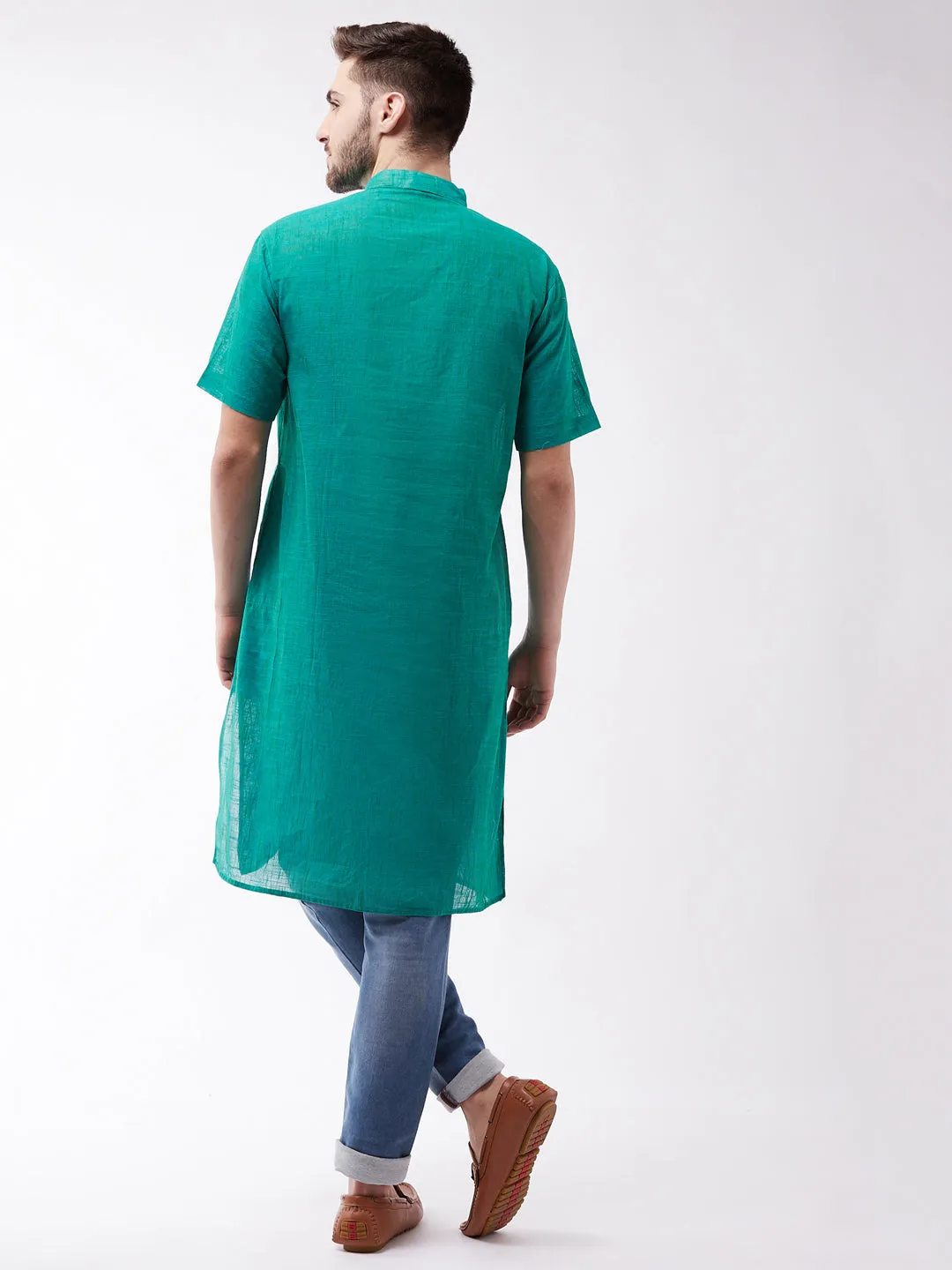 Men's Solid Turquoise Pure Cotton Kurta - Vastramay