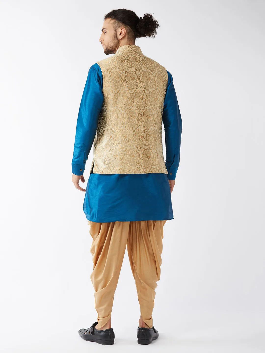 Men's Turquoise And Rose Gold Silk Blend Jacket, Kurta And Dhoti Set - Vastramay