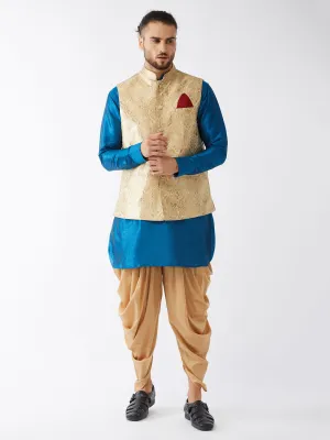 Men's Turquoise And Rose Gold Silk Blend Jacket, Kurta And Dhoti Set - Vastramay