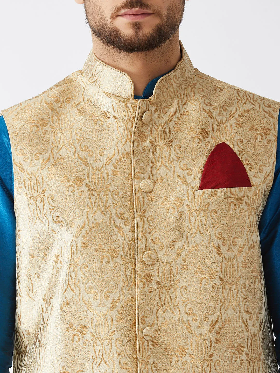 Men's Turquoise And Rose Gold Silk Blend Jacket, Kurta And Dhoti Set - Vastramay