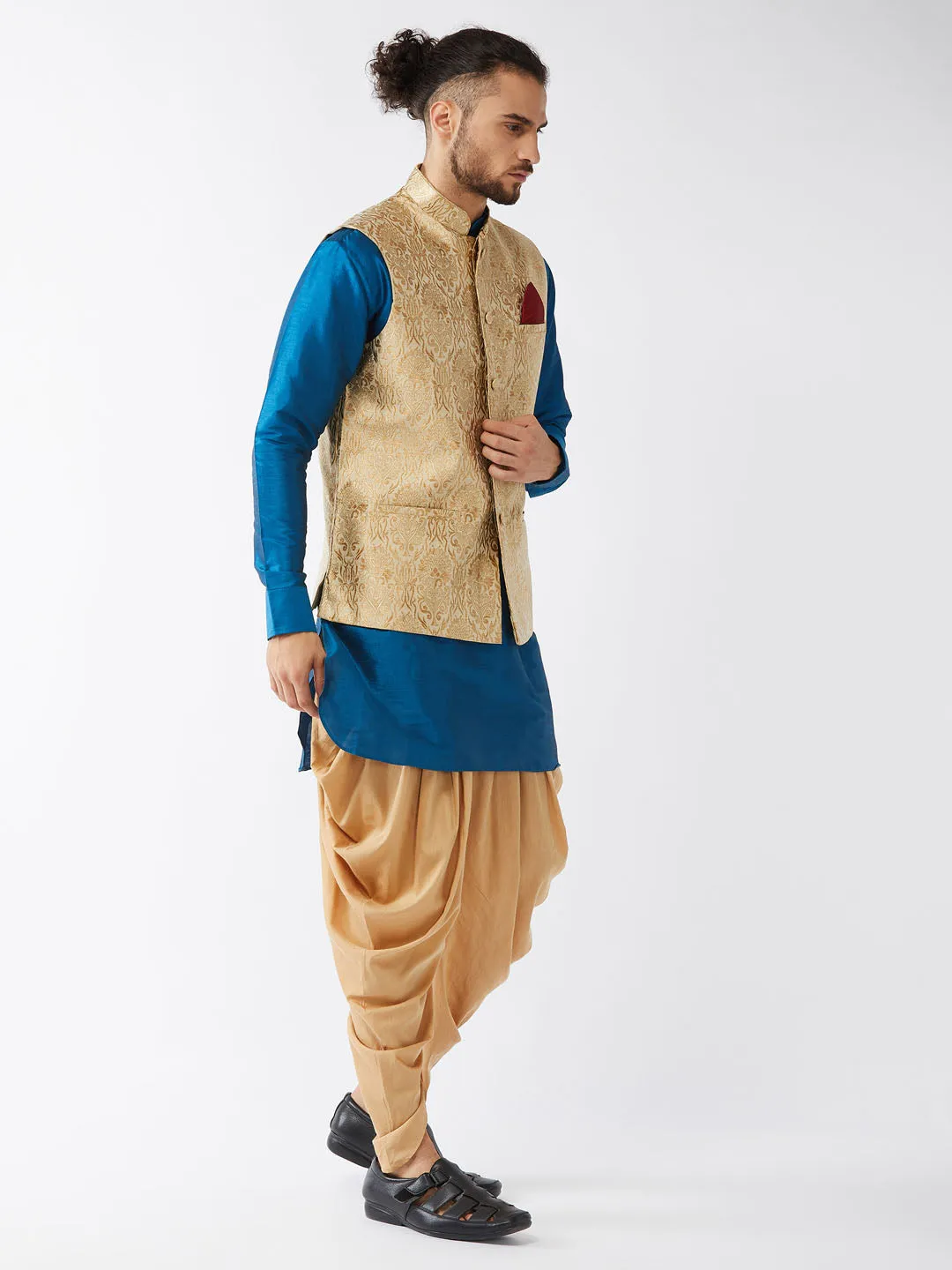 Men's Turquoise And Rose Gold Silk Blend Jacket, Kurta And Dhoti Set - Vastramay