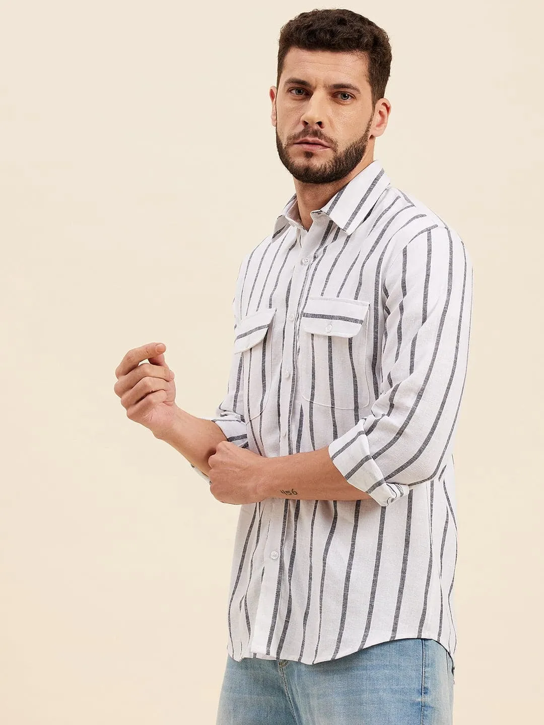 Men's White & Grey Breton Stripes Flap Pocket Shirt - LYUSH-MASCLN