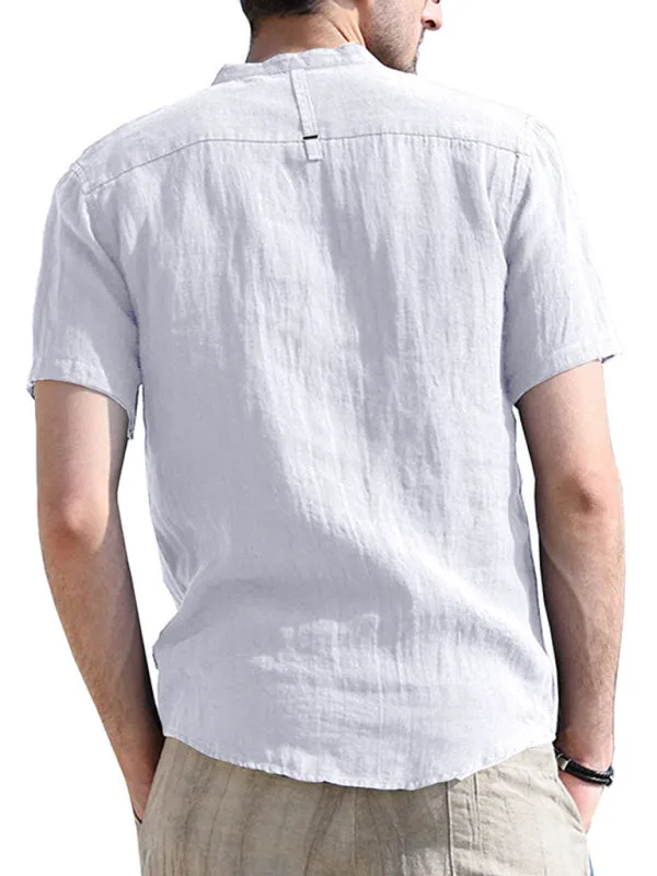 Men's woven solid color short-sleeved cotton and linen shirt