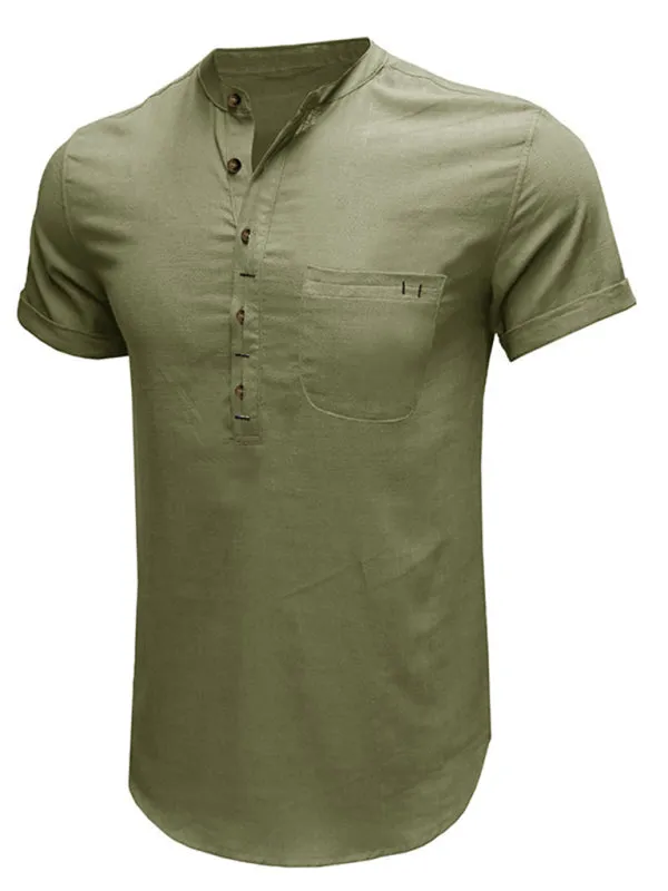 Men's woven solid color short-sleeved cotton and linen shirt