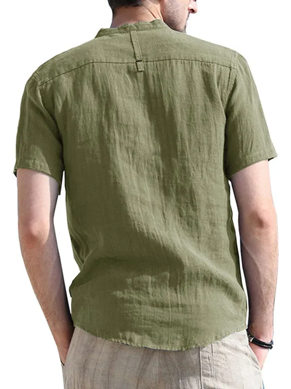 Men's woven solid color short-sleeved cotton and linen shirt