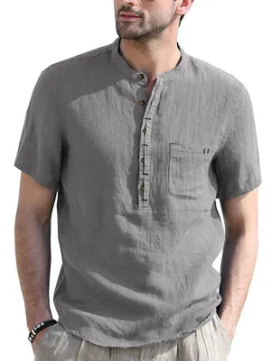 Men's woven solid color short-sleeved cotton and linen shirt