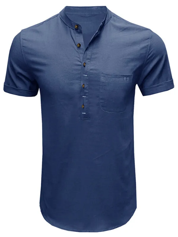 Men's woven solid color short-sleeved cotton and linen shirt