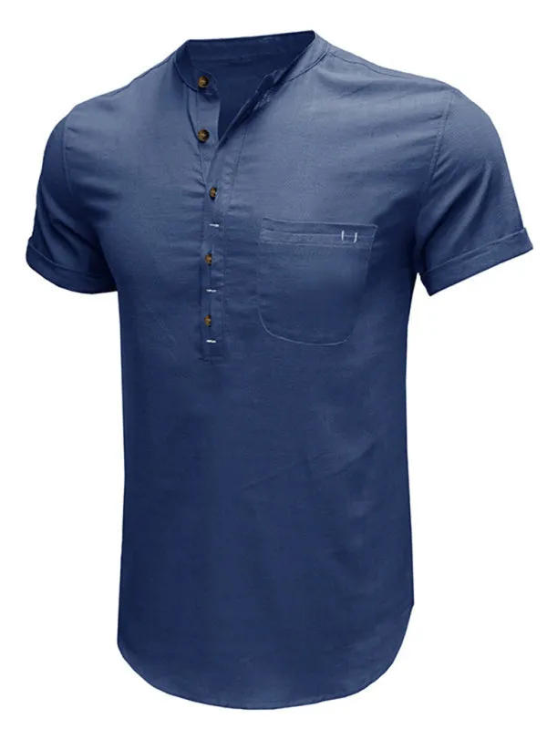 Men's woven solid color short-sleeved cotton and linen shirt