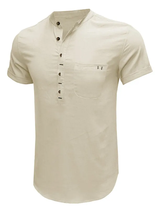 Men's woven solid color short-sleeved cotton and linen shirt