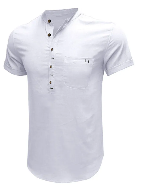 Men's woven solid color short-sleeved cotton and linen shirt