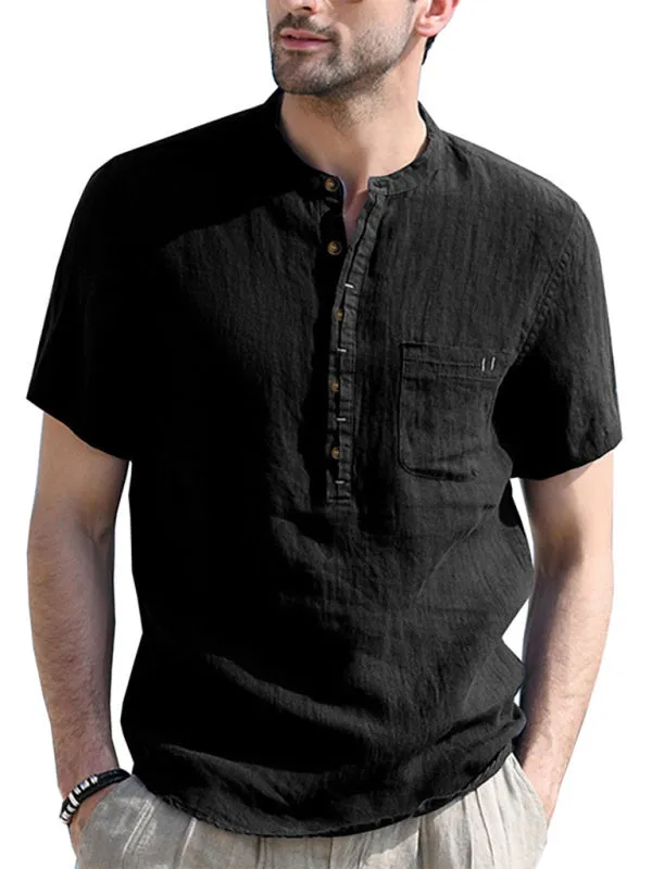 Men's woven solid color short-sleeved cotton and linen shirt