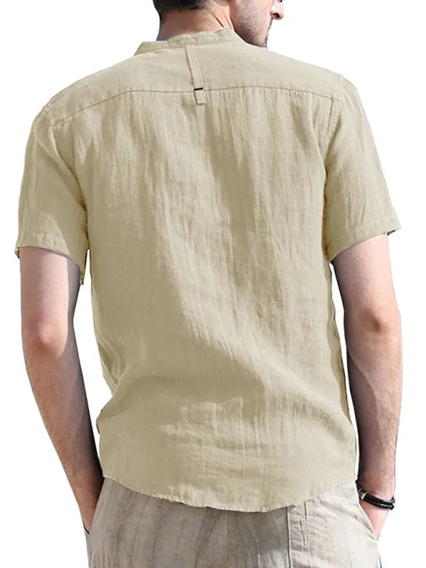 Men's woven solid color short-sleeved cotton and linen shirt