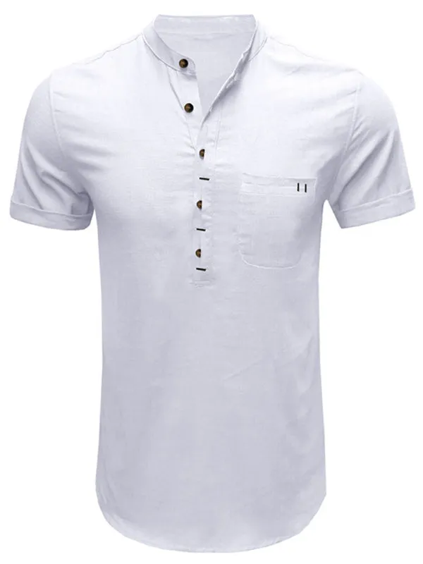 Men's woven solid color short-sleeved cotton and linen shirt