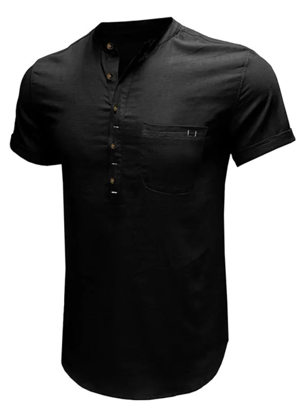 Men's woven solid color short-sleeved cotton and linen shirt