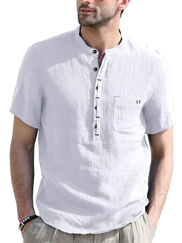 Men's woven solid color short-sleeved cotton and linen shirt