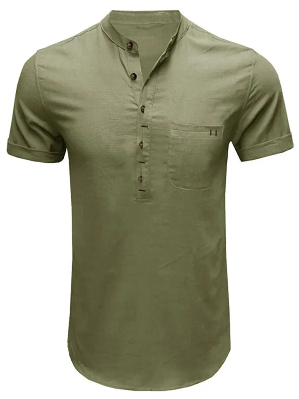 Men's woven solid color short-sleeved cotton and linen shirt