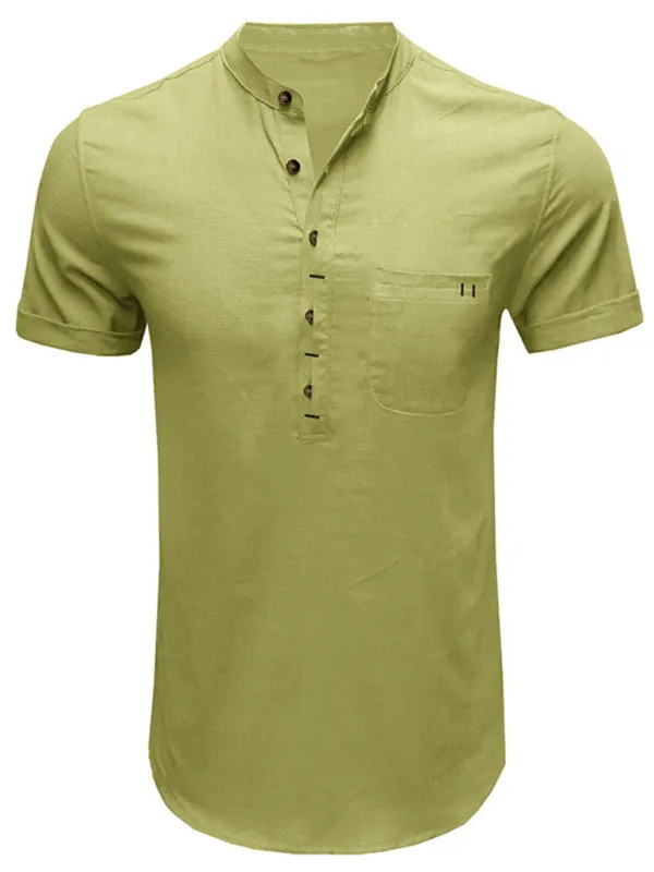 Men's woven solid color short-sleeved cotton and linen shirt