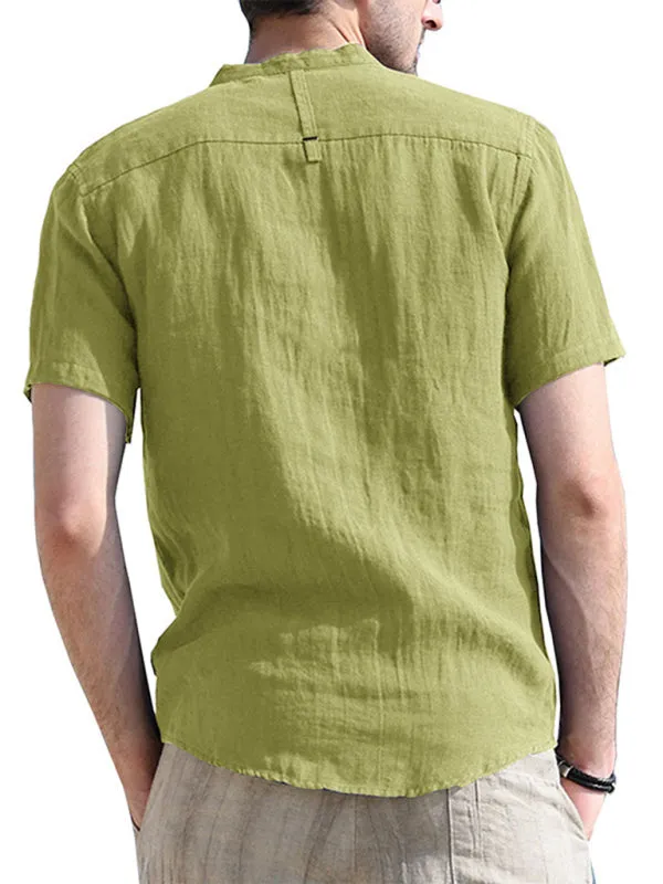 Men's woven solid color short-sleeved cotton and linen shirt