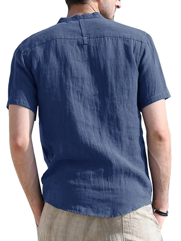 Men's woven solid color short-sleeved cotton and linen shirt