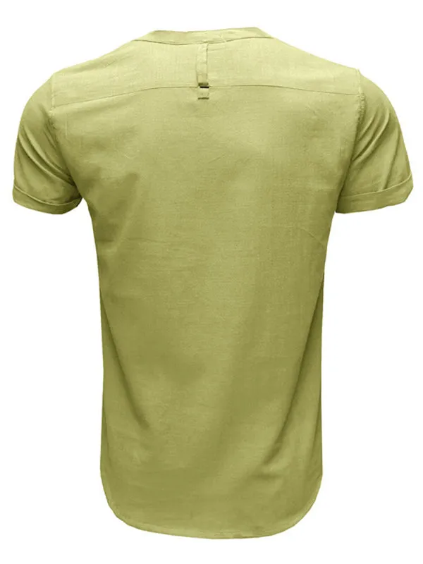 Men's woven solid color short-sleeved cotton and linen shirt