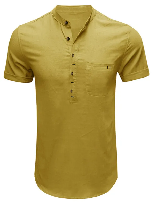 Men's woven solid color short-sleeved cotton and linen shirt