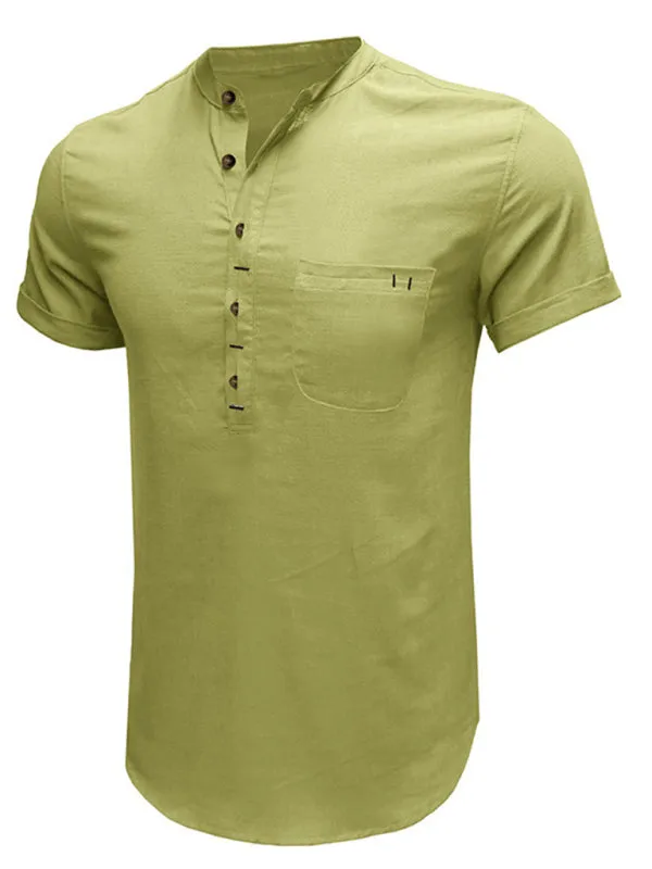 Men's woven solid color short-sleeved cotton and linen shirt