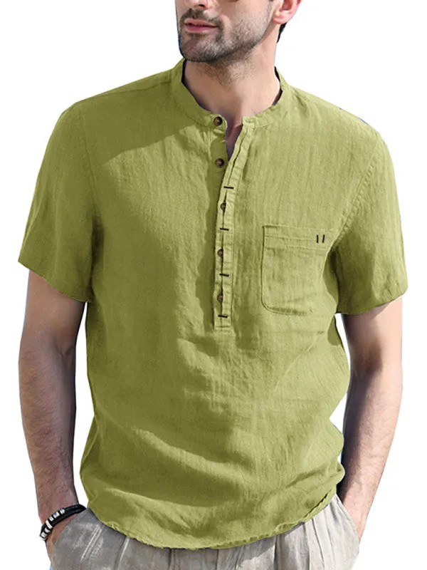 Men's woven solid color short-sleeved cotton and linen shirt