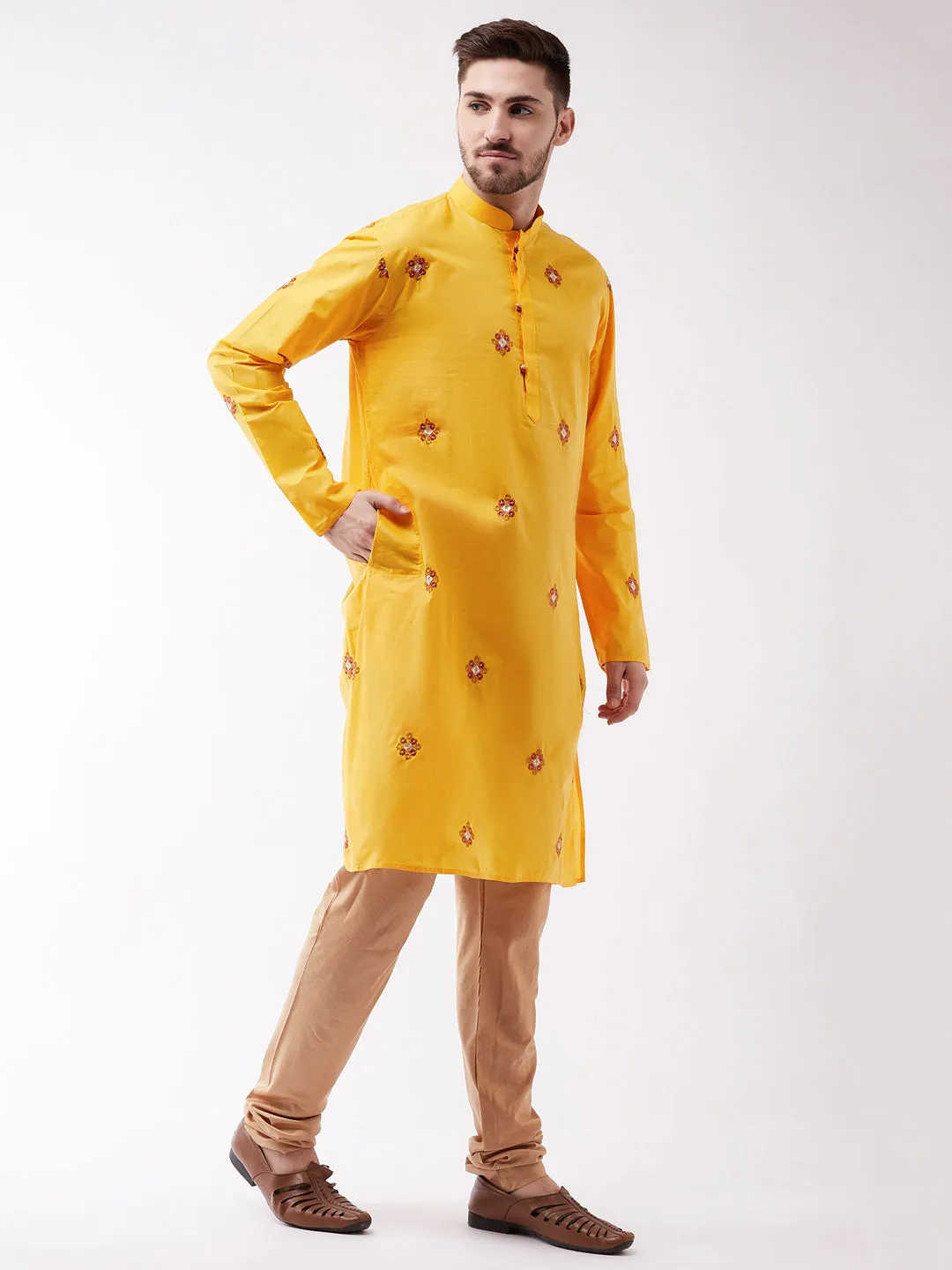 Men's Yellow And Rose Gold Kurta And Pyjama Set - Vastramay