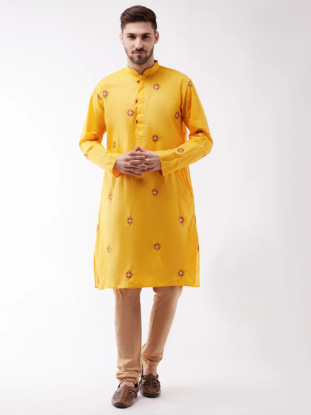 Men's Yellow And Rose Gold Kurta And Pyjama Set - Vastramay