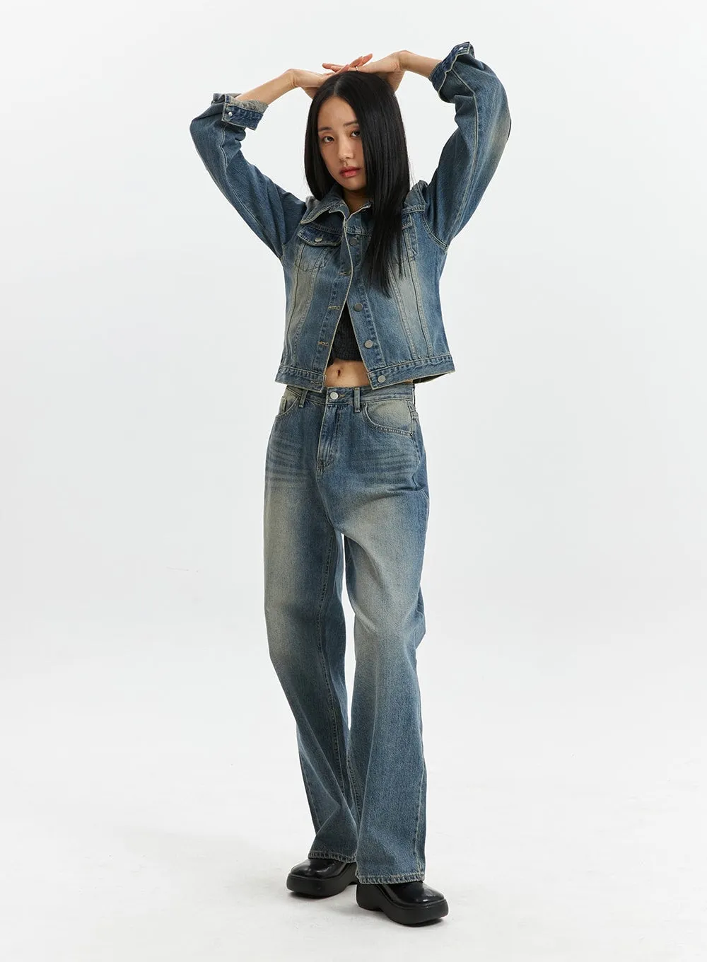 Mid-Waist Washed Straight Leg Jeans CD320