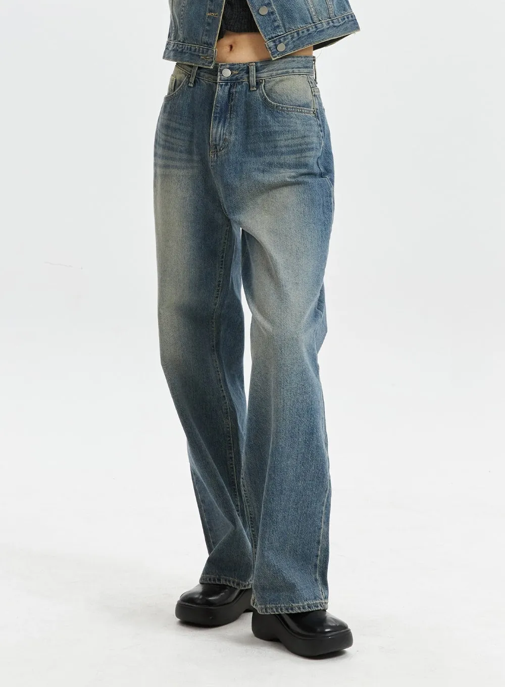 Mid-Waist Washed Straight Leg Jeans CD320