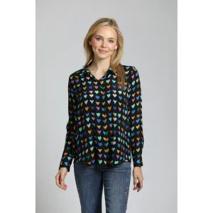 Multi-Color Heart Print Button Up Blouse