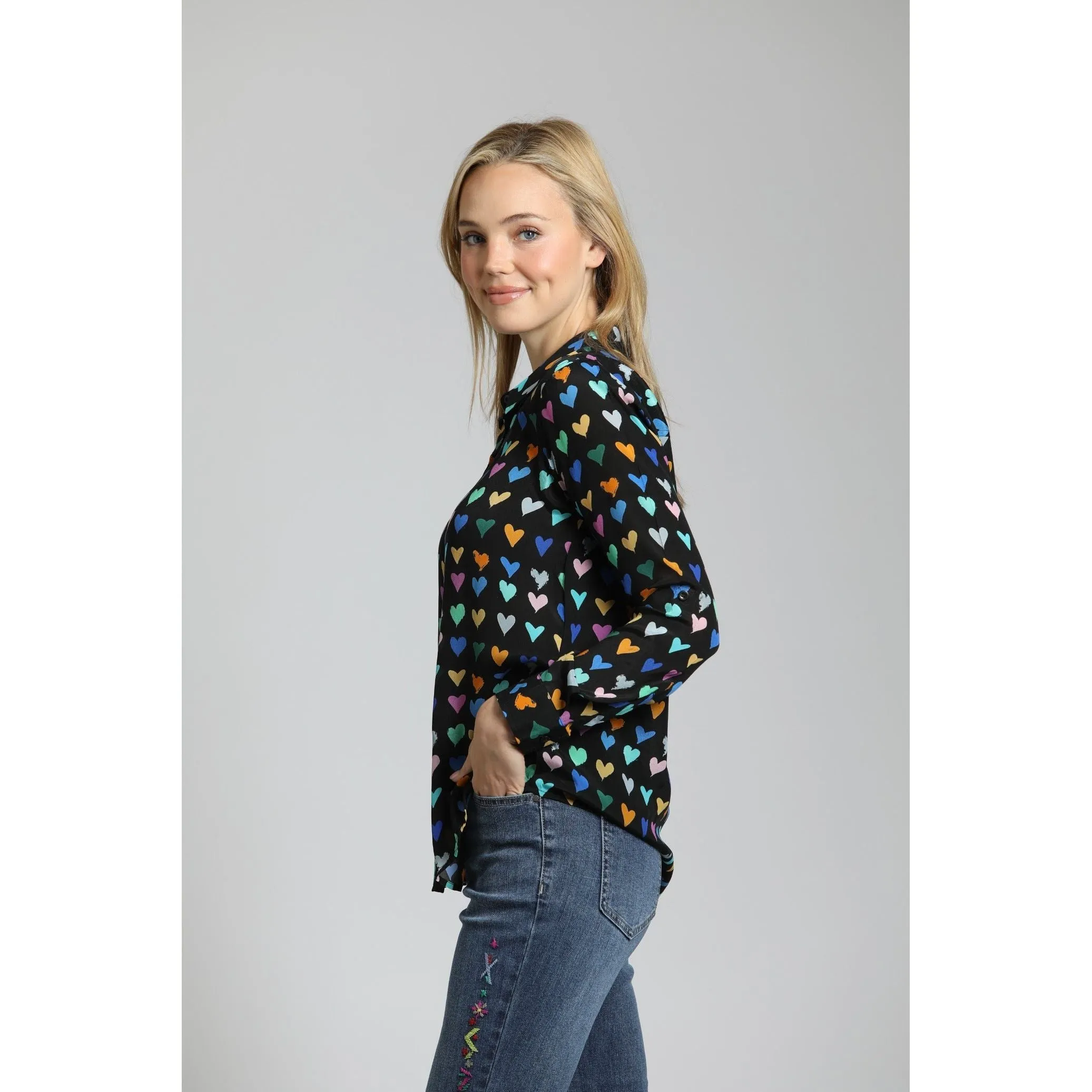 Multi-Color Heart Print Button Up Blouse