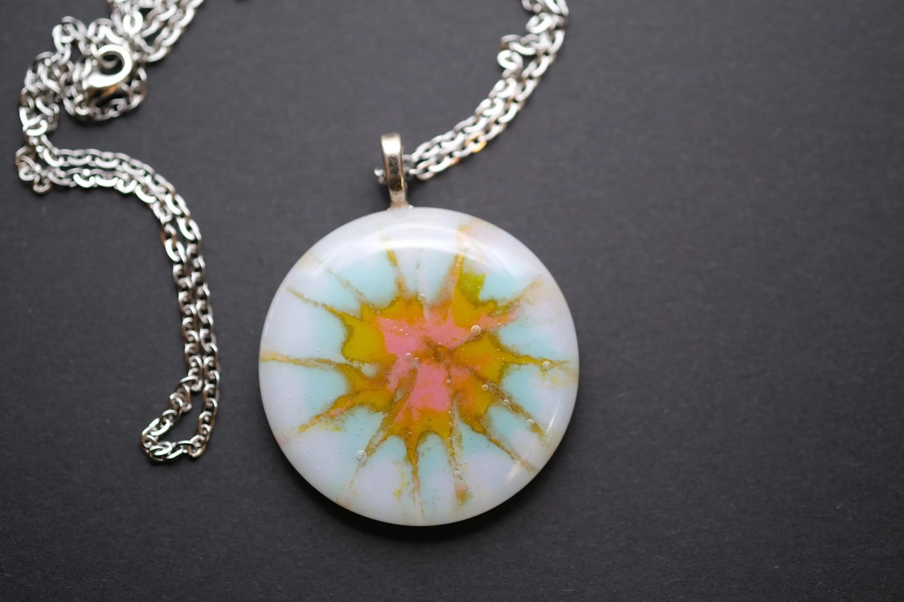 Pastel Tie Dye look fused glass Circle pendant necklace jewelry, rainbow color on 20 inch steel chain