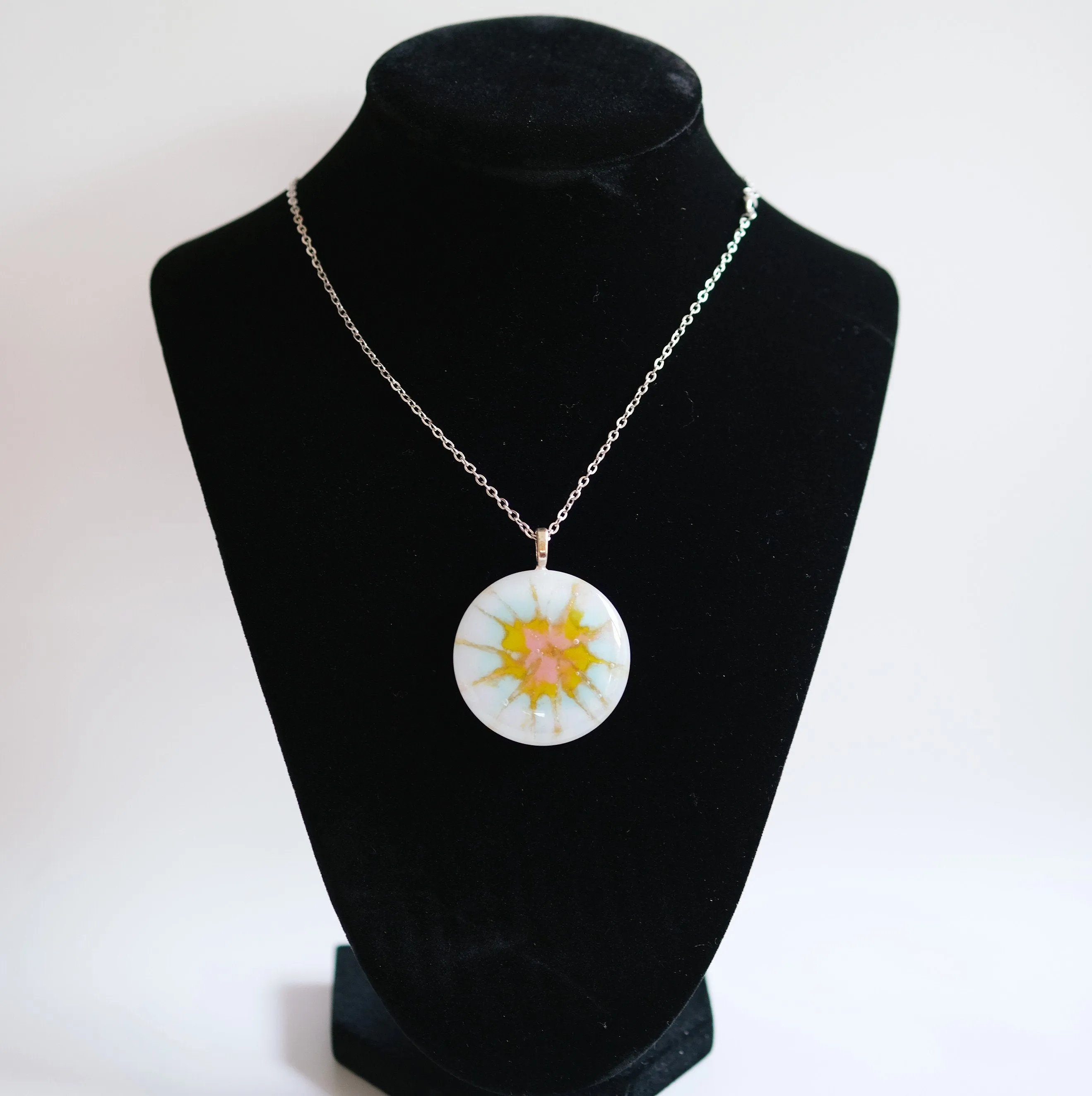 Pastel Tie Dye look fused glass Circle pendant necklace jewelry, rainbow color on 20 inch steel chain